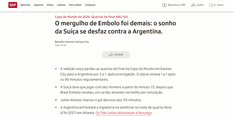 Jornal su&iacute;&ccedil;o SRF criticou o lance de Embolo